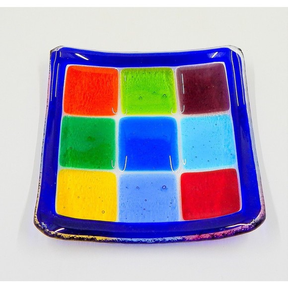 Art Glass Fused Square Trinket Candy Dish Ashtray Multicolored - Picture 1 of 6